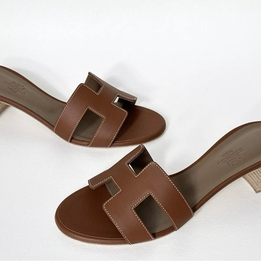 HERMES H OASIS SANDALS IN GOLD BROWN LEATHER SHOES MULES SLIDES HEELS 38 - Picture 12 of 15
